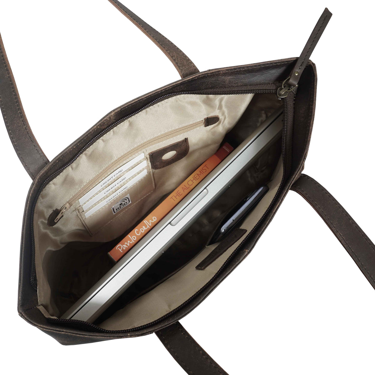'MILLIE' Crazy Horse Designer-Arbeitstasche aus echtem Leder im Used-Look, braun