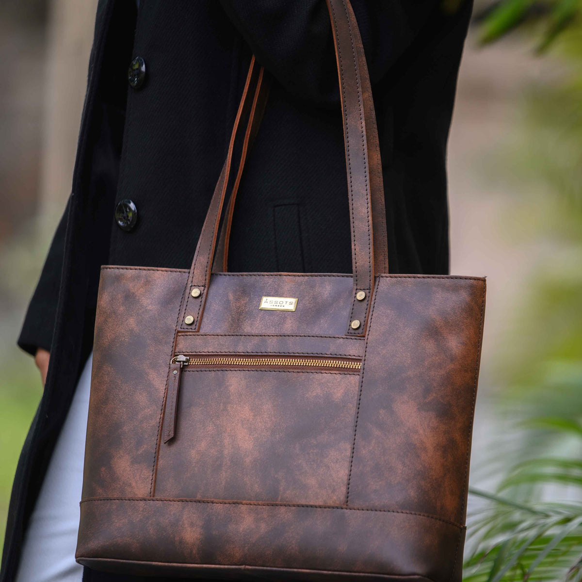 'MILLIE' Crazy Horse Designer-Arbeitstasche aus echtem Leder im Used-Look, braun
