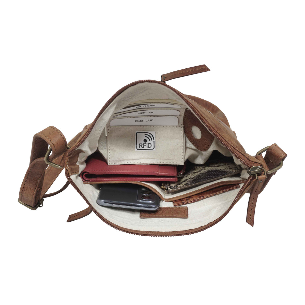 'AGATHA' Vintage-VT-Umhängetasche aus echtem Leder im Used-Look, hellbraun