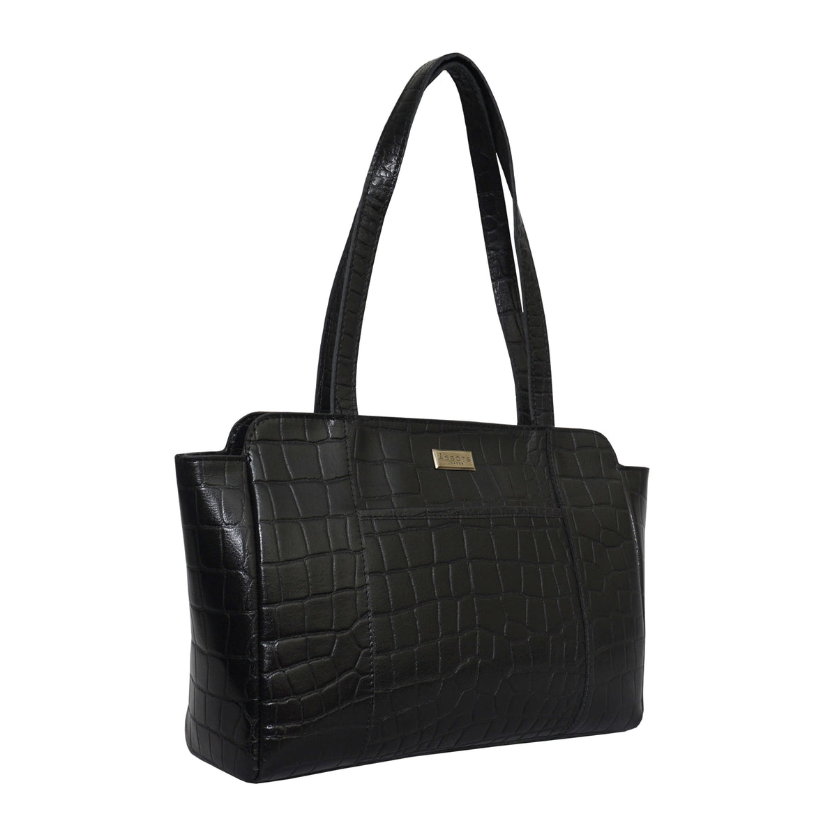 'JUDITH' Schwarze Vintage-Schultertasche aus Kroko-echtem Leder