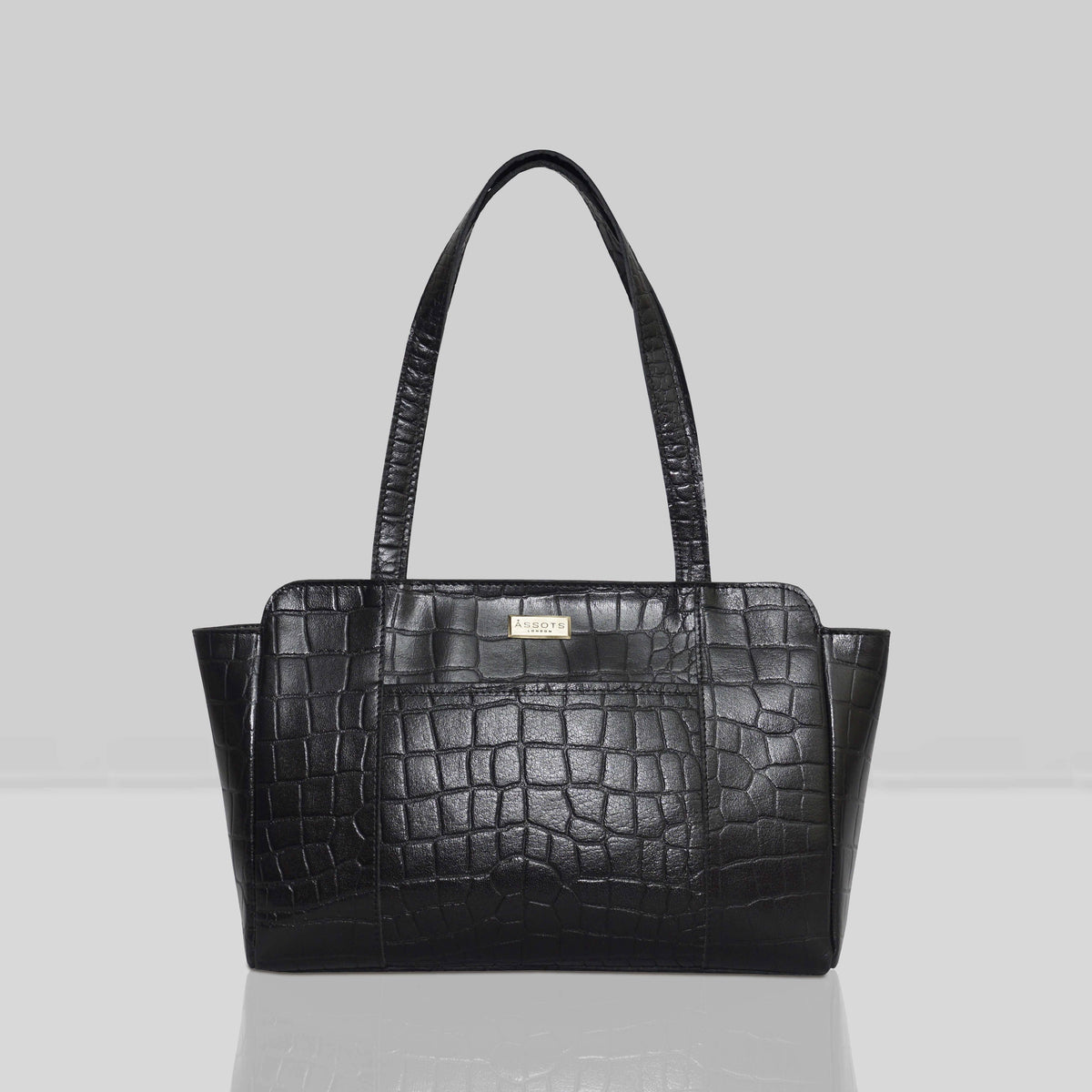 'JUDITH' Schwarze Vintage-Schultertasche aus Kroko-echtem Leder