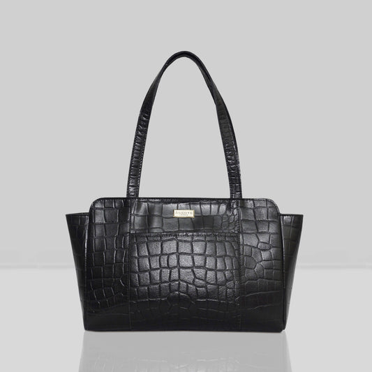 'JUDITH' Schwarze Vintage-Schultertasche aus Kroko-echtem Leder