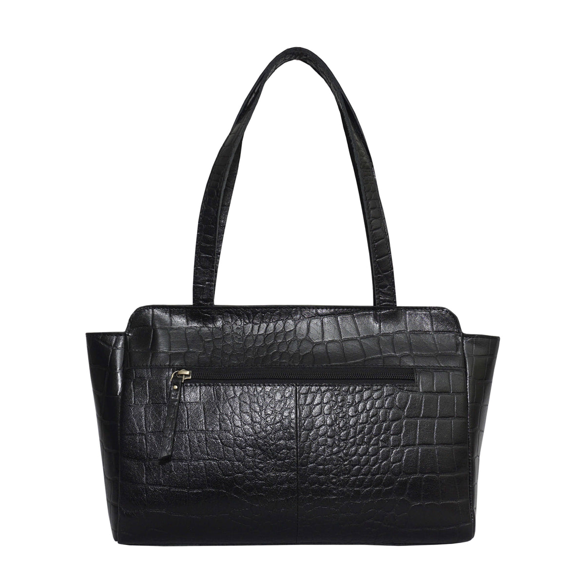 'JUDITH' Schwarze Vintage-Schultertasche aus Kroko-echtem Leder