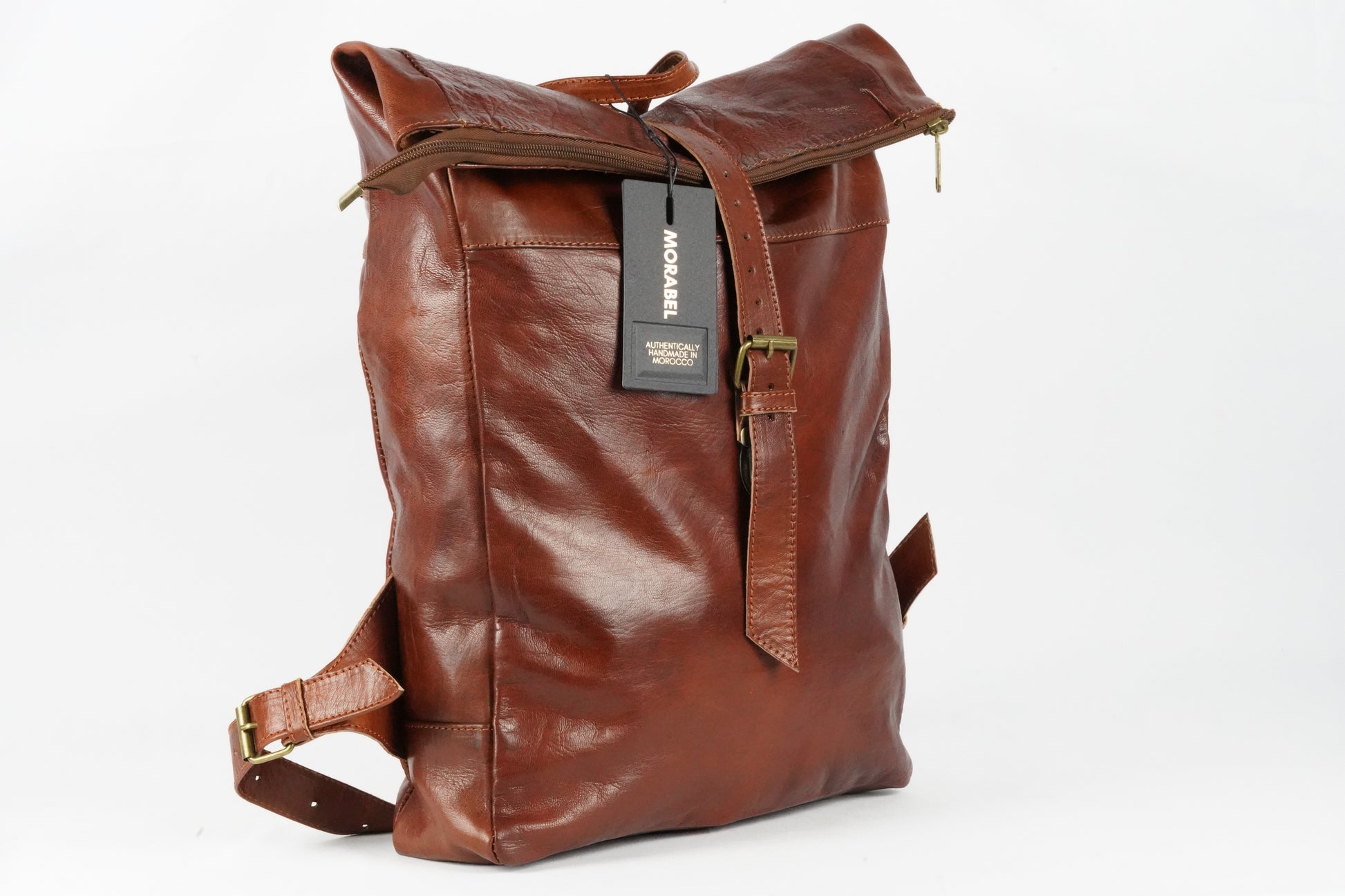 Echtleder Rucksack Herren & Damen – Handgefertigt aus Marokko, Vintage Rolltop Design - morabel