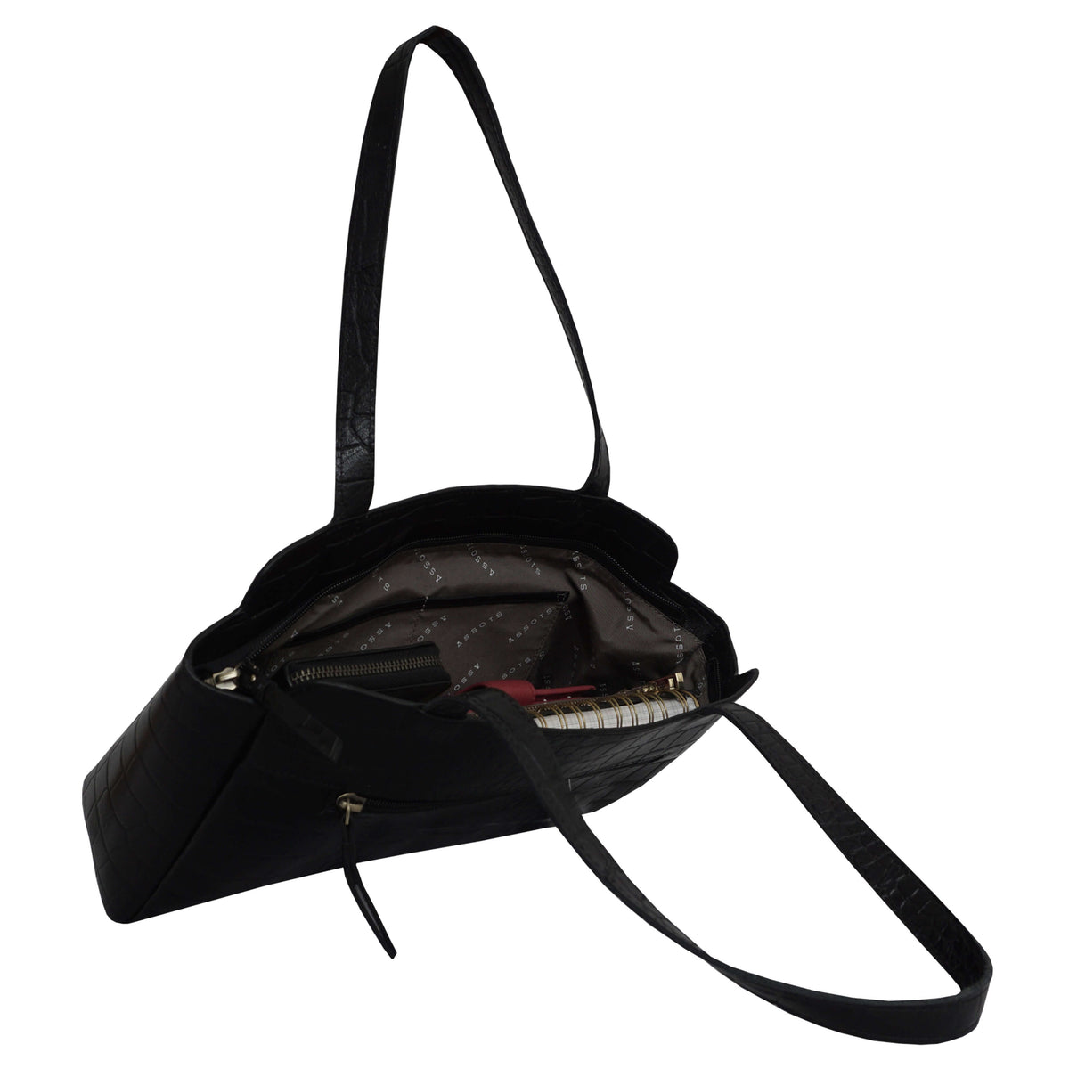 'JUDITH' Schwarze Vintage-Schultertasche aus Kroko-echtem Leder